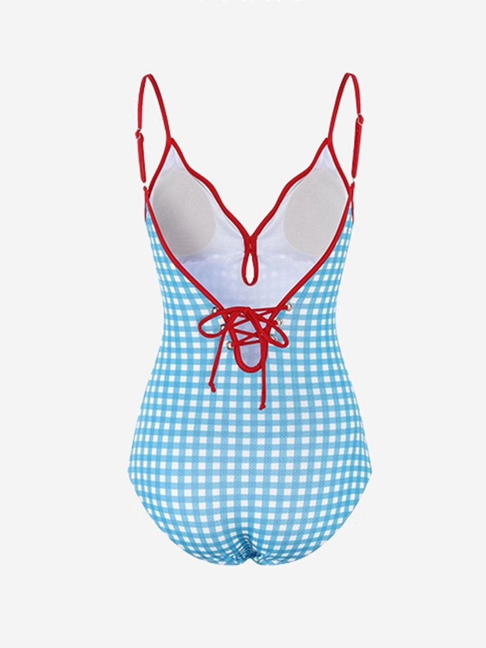 Blue Plaid Red Trim V-Neck One Piece Vintage Swimsuit