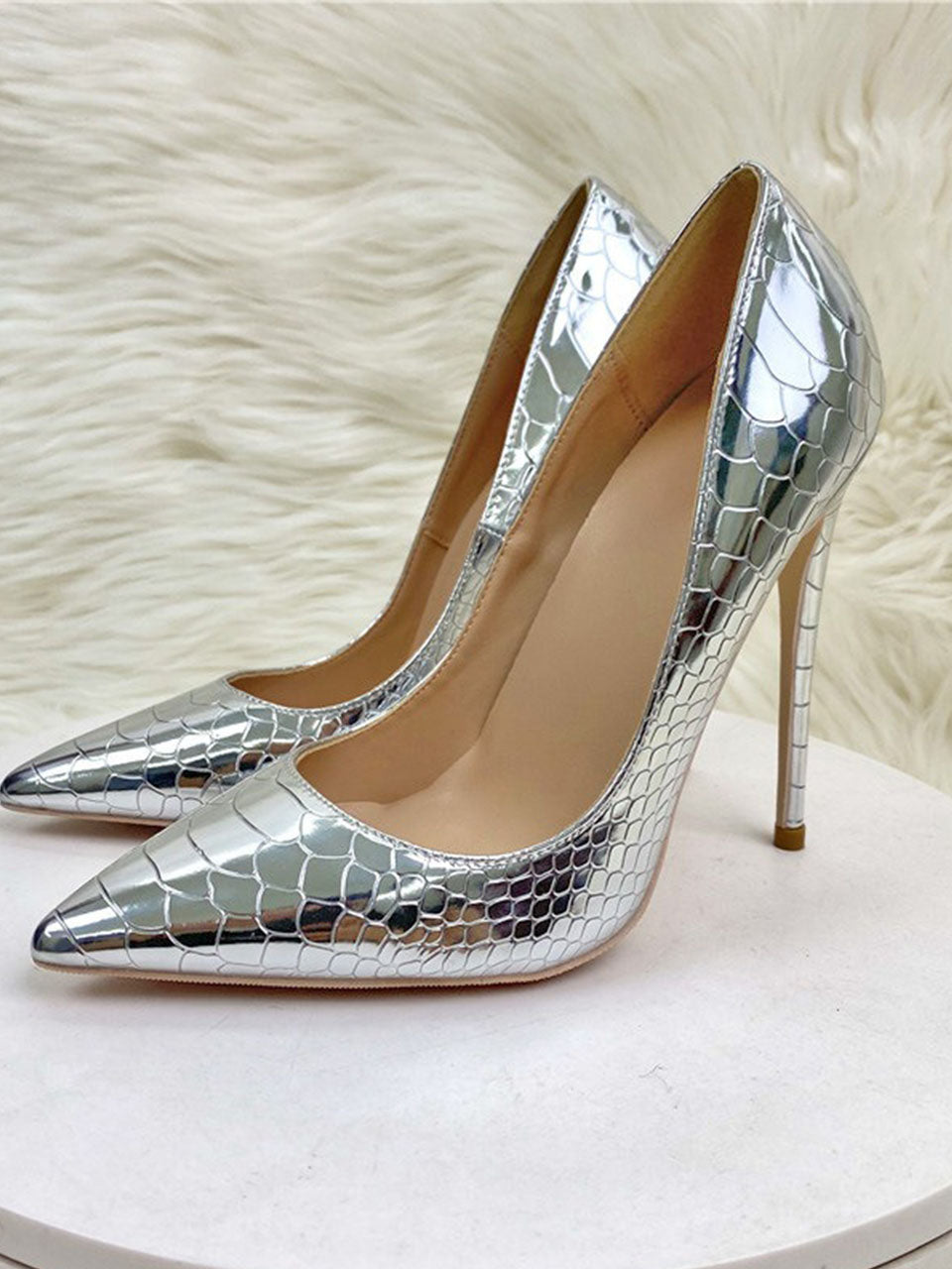 8CM High Heel Pointed Toe Metallic Silver Leather Shoes