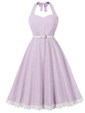 1950s Purple Plaid Vintage Halter Swing Dress