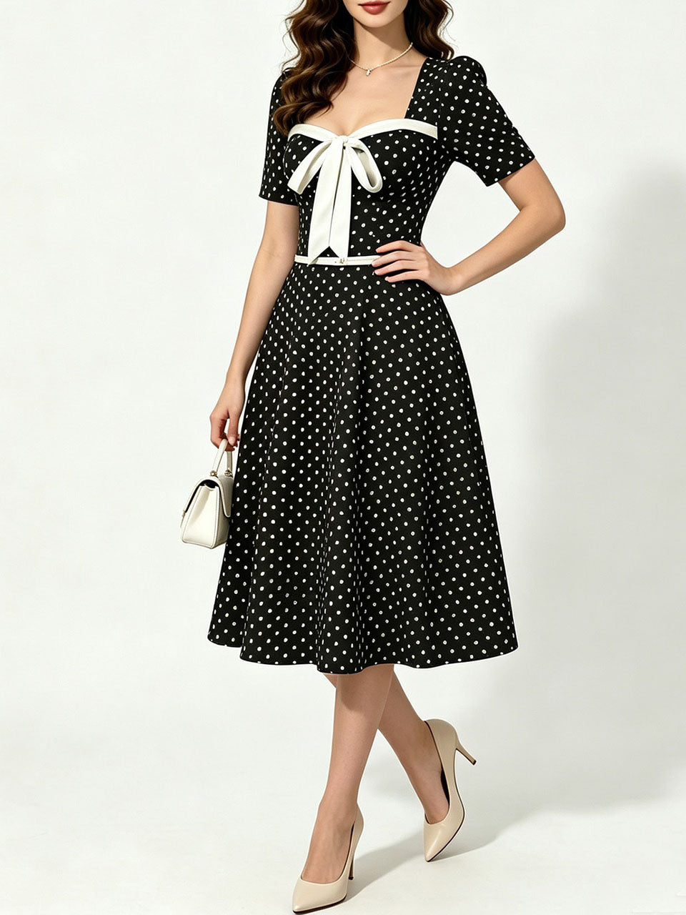 Vintage Black Polka Dot Bow Tie Swing Dress