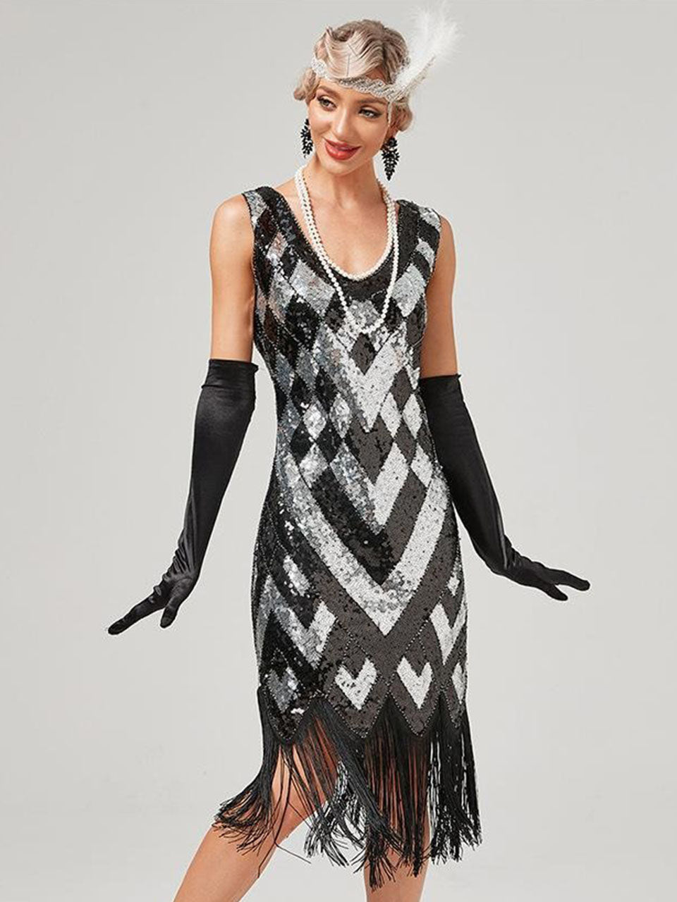 1920s Flapper Dress Gatsby Costume Geometric Sequined Fringe Party Dress