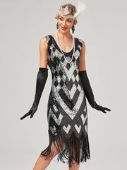 1920s Flapper Dress Gatsby Costume Geometric Sequined Fringe Party Dress
