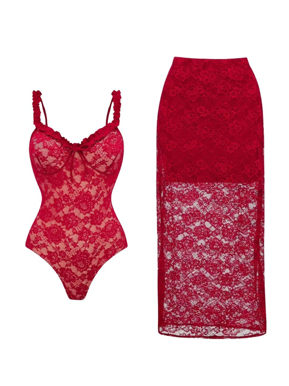 2PS Red Floral Lace One Piece Swimsuit