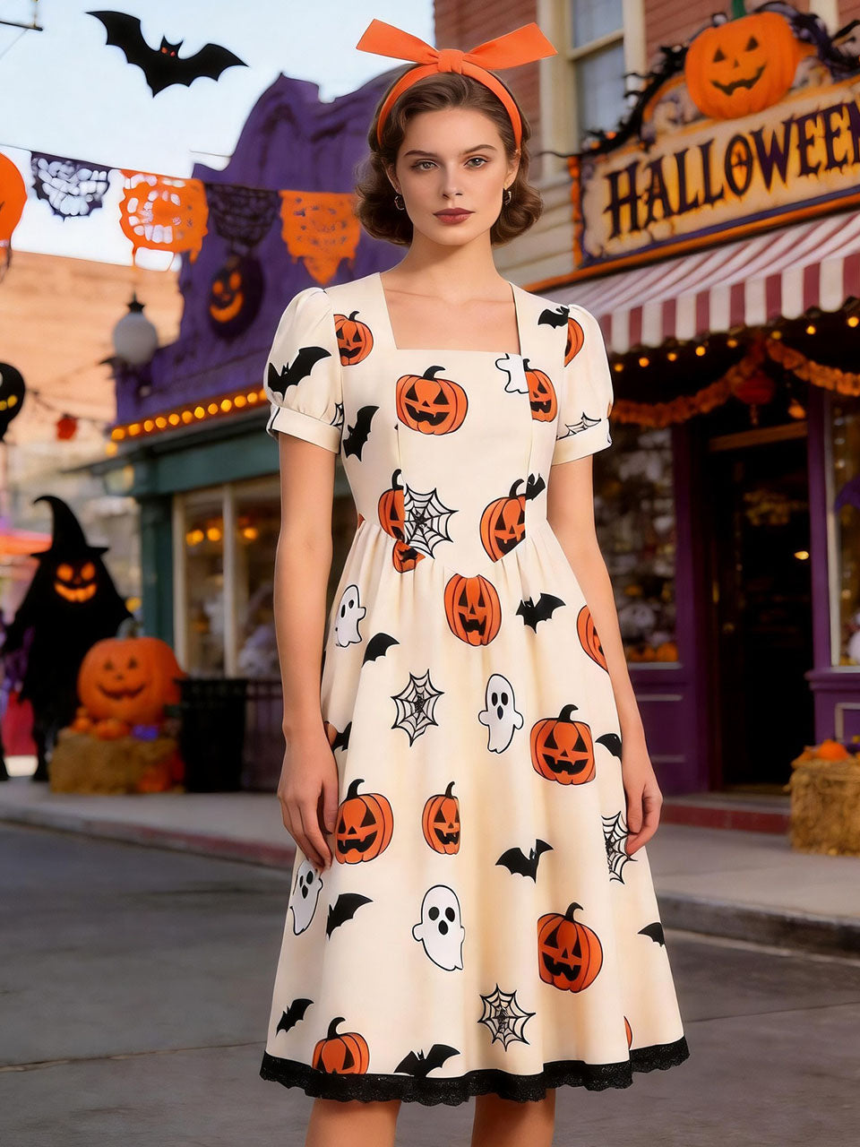 1950s Orange Square Neck Short Sleeve Halloween Pumpkin Print Vintage Swing Dress