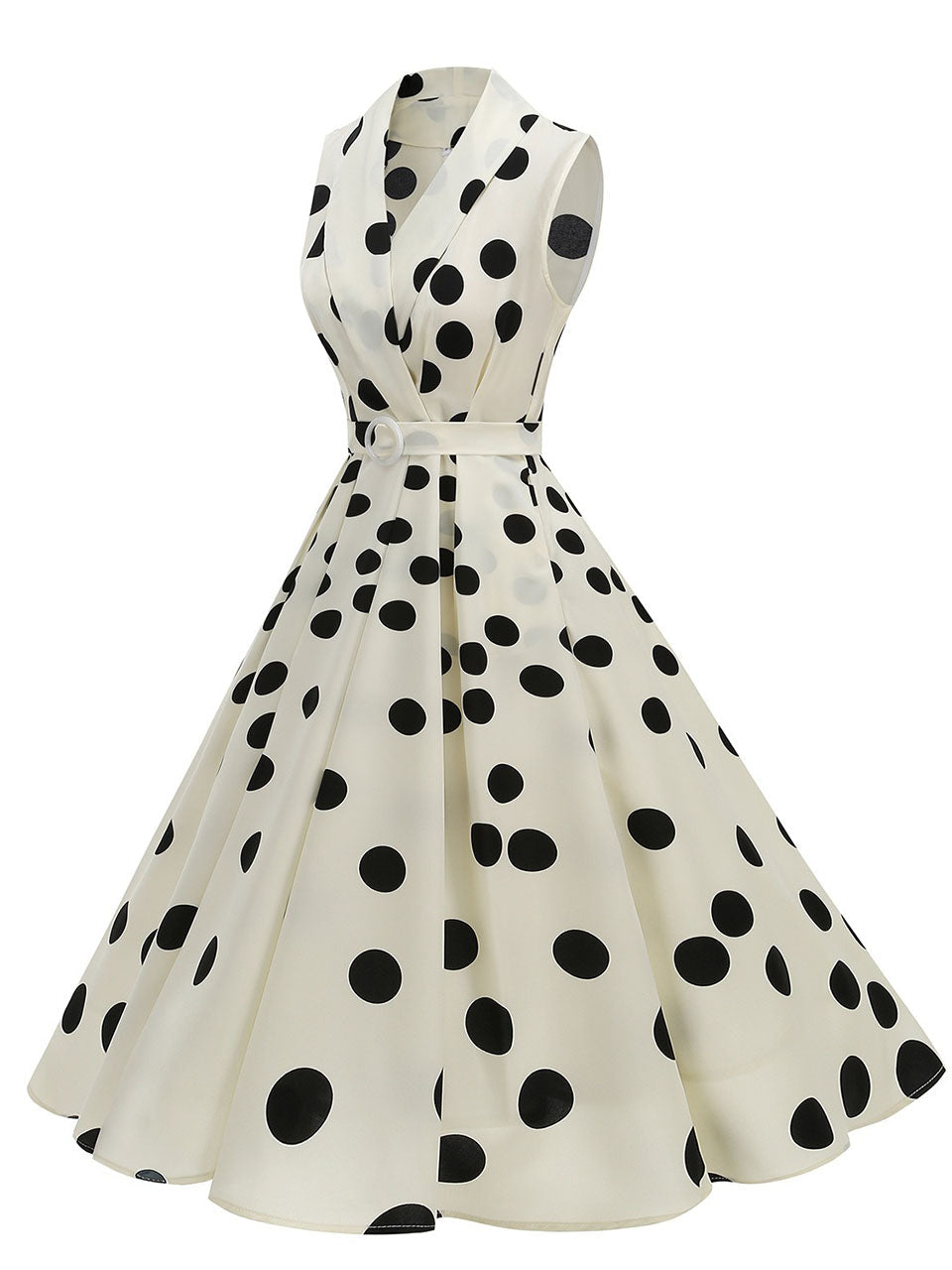 1950s Vintage Audrey Hepburn Style White Polka Dots Swing Dress