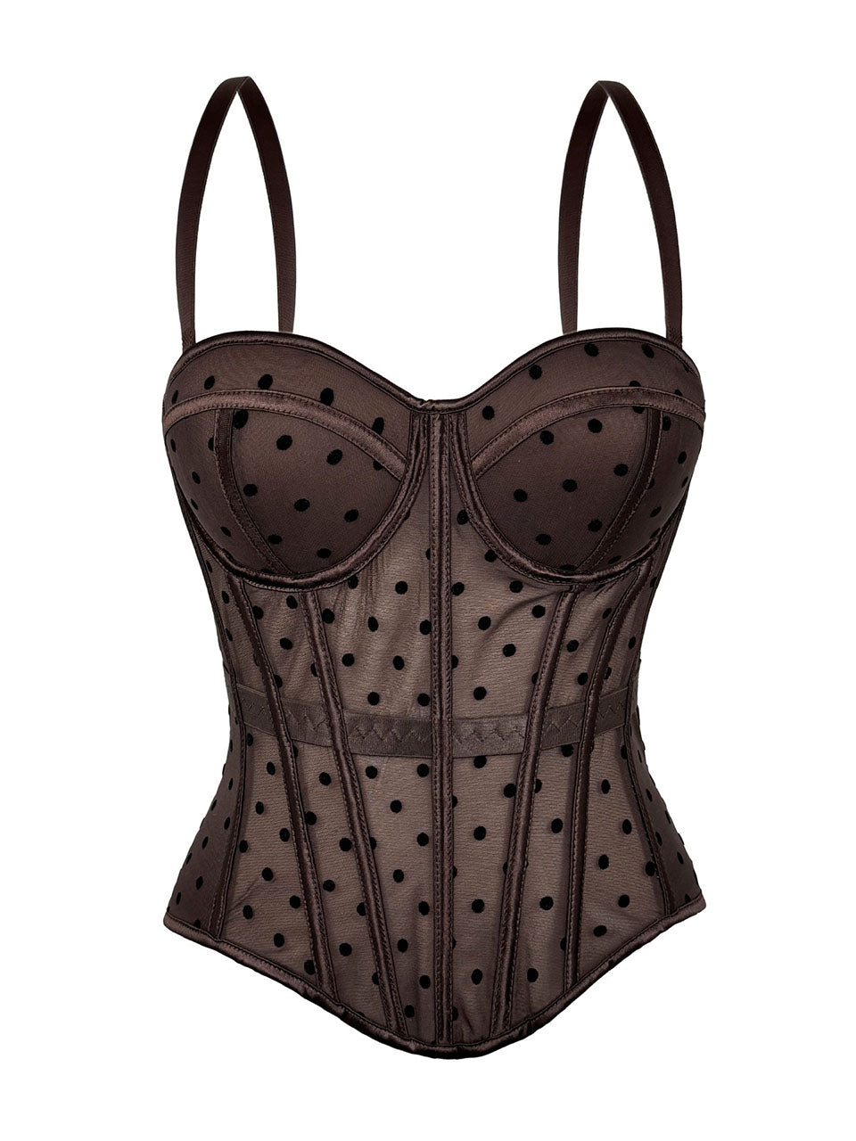 Pink Polka Dot Mesh Corset Top - Sheer Boned Spaghetti Strap Bustier
