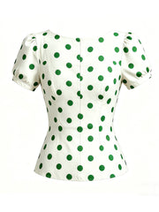 1950s Vintage  Sweetheart Neck Retro White and Red Puff Sleeve Blouse Rockabilly Shirt