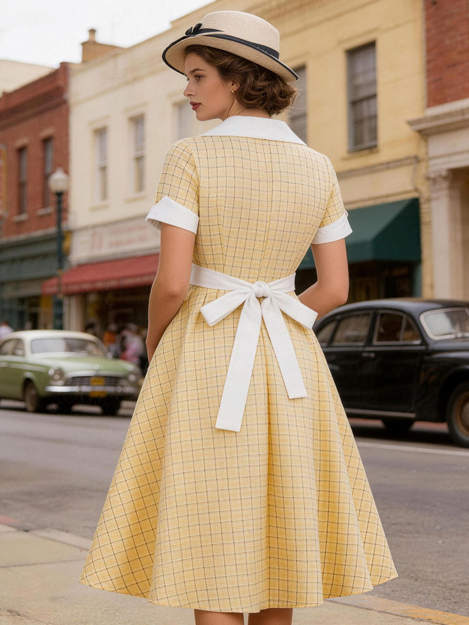 1950s Yellow Plaid Lapel Collar Short Sleeve Swing Dress
