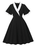 1950s Vintage Black & White Lapel Short Sleeve Swing Dress