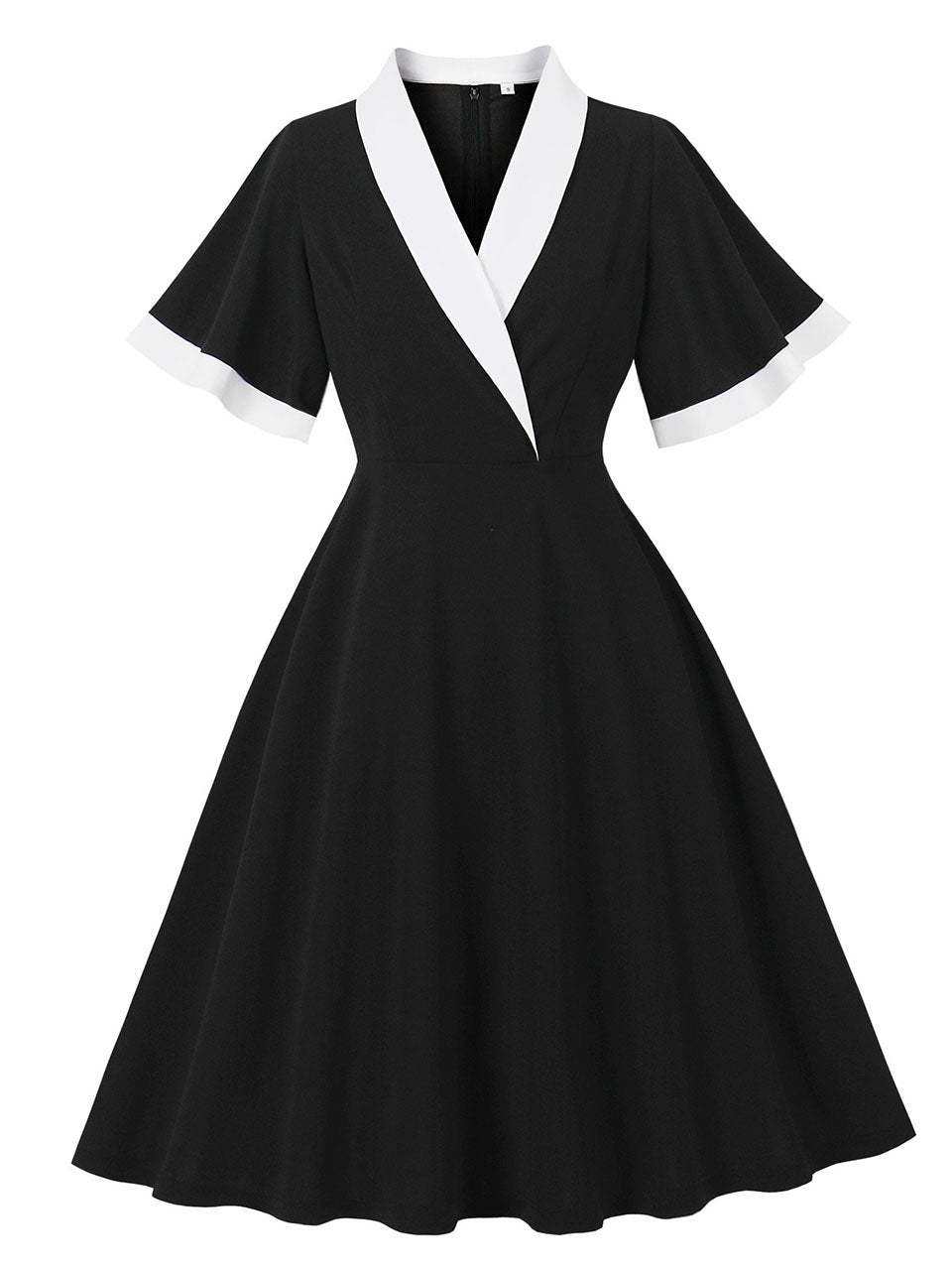 1950s Vintage Black & White Lapel Short Sleeve Swing Dress