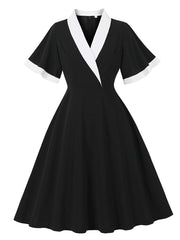 1950s Vintage Black & White Lapel Short Sleeve Swing Dress