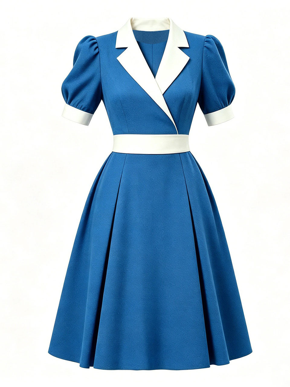 1950s Lake Blue Notch Lapel Collar Vintage Puff Sleeve Retro Swing Dress