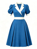1950s Lake Blue Notch Lapel Collar Vintage Puff Sleeve Retro Swing Dress