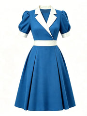 1950s Lake Blue Notch Lapel Collar Vintage Puff Sleeve Retro Swing Dress