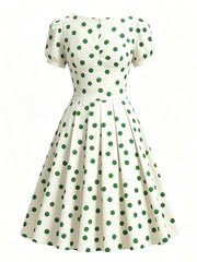1950s Green Polka Dots Vintage Puff Sleeve Retro Swing Dress