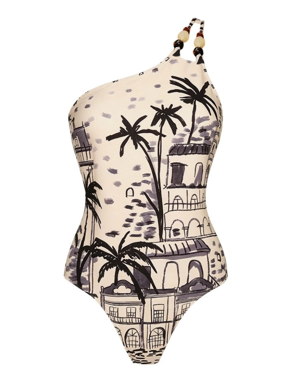 One-Shoulder Tropical Print Swimsuit & Matching Maxi Skirt Cover-Up Set
