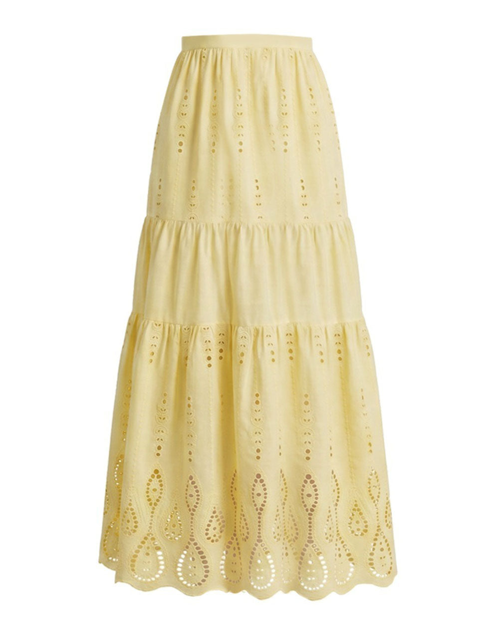 Pastel Yellow 3D Flower Applique One-Piece Swimsuit and Eyelet Cutout Long Skirt Set