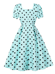 1950s Mint Blue Polka Dot Puff Sleeve Vintage Swing Dress