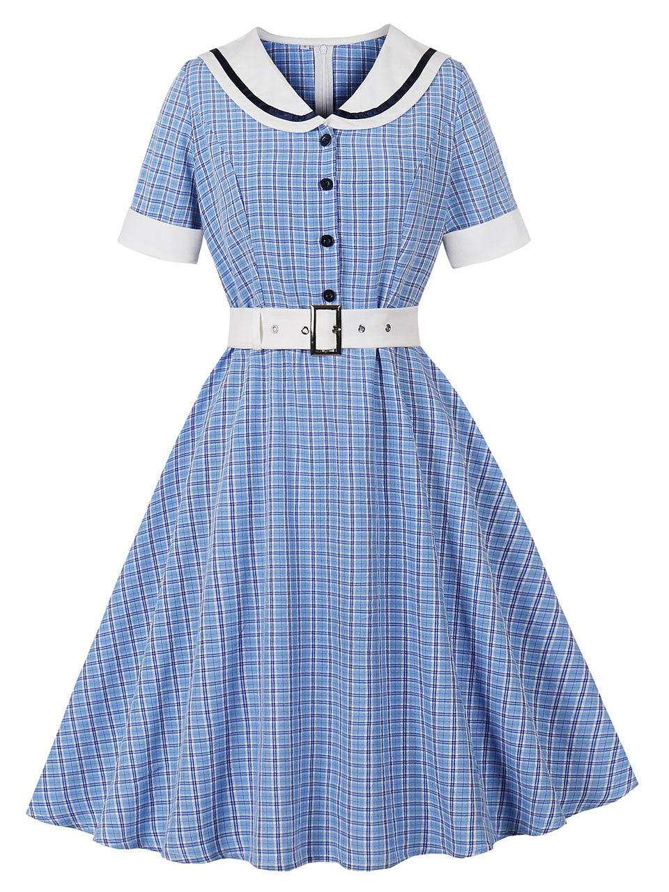 1950s Blue Plaid Vintage Sailor Collar Short Sleeve Swing Dress