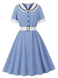 1950s Blue Plaid Vintage Sailor Collar Short Sleeve Swing Dress