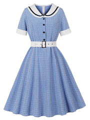 1950s Blue Plaid Vintage Sailor Collar Short Sleeve Swing Dress