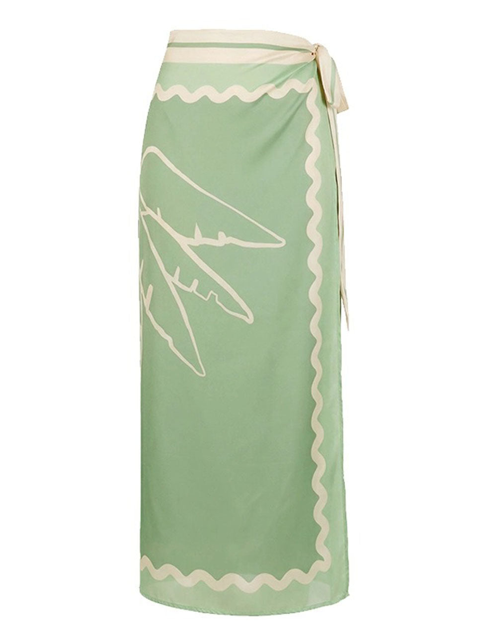 2PS Sage Green Floral One-Piece Swimsuit Wave Trim Sarong Wrap Skirt Set