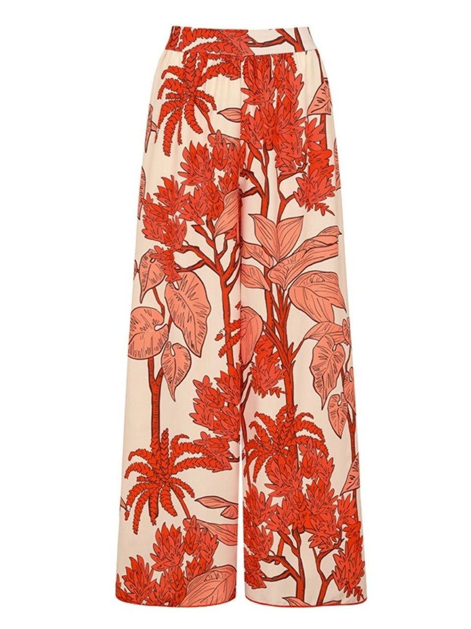 Red Tropical Print One-Shoulder Ruffle Swimsuit & Wide-Leg Pants Set
