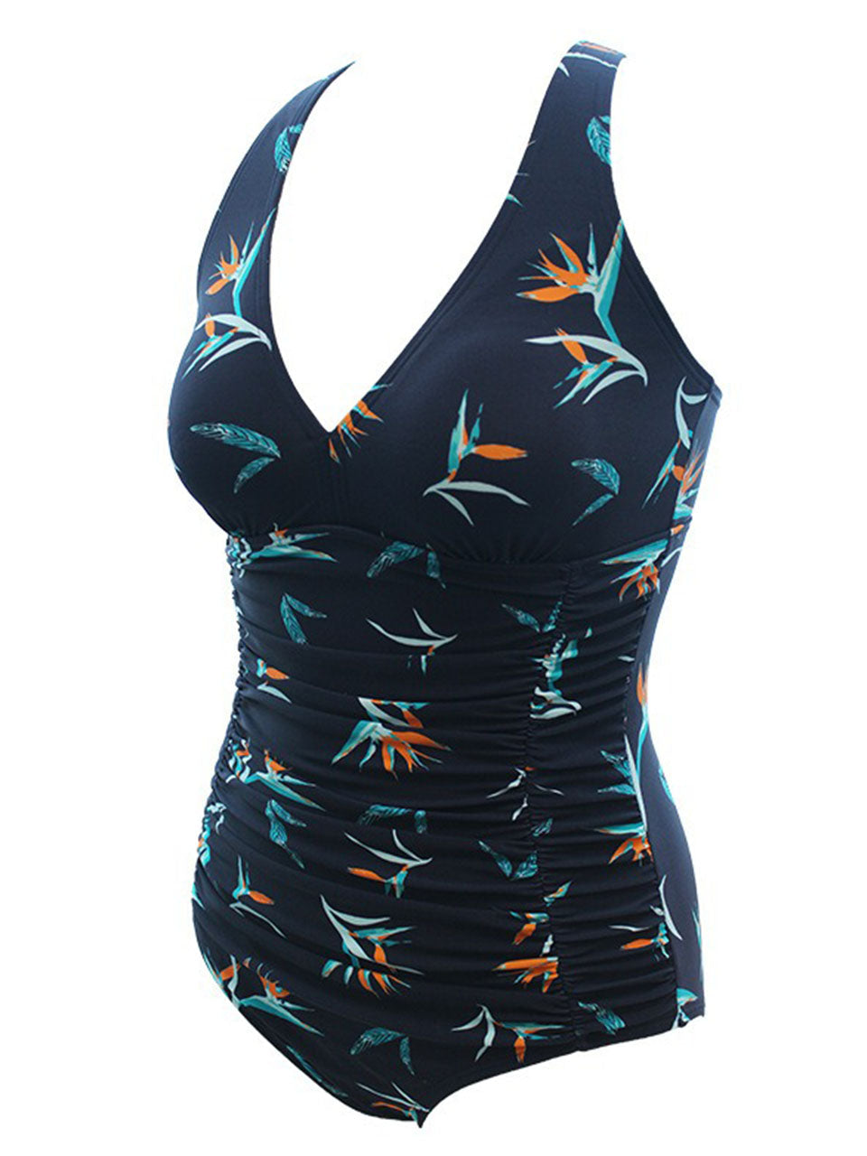 One Piece Swimsuit Retro Floral Bathing Suit V Neck Ruched Tummy Control Monokini