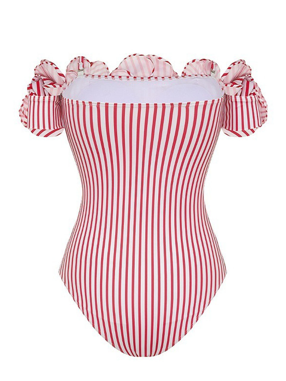Barbiecore Pink and White Vertical Striped Strap Flowers One-Piece Swimsuit