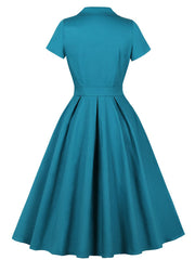 1950s Teal Blue Retro Double Breasted Lapel Collar Swing Dress