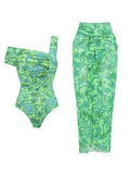 2PS Green One Shoulder Ruched Tropical Swimsuit