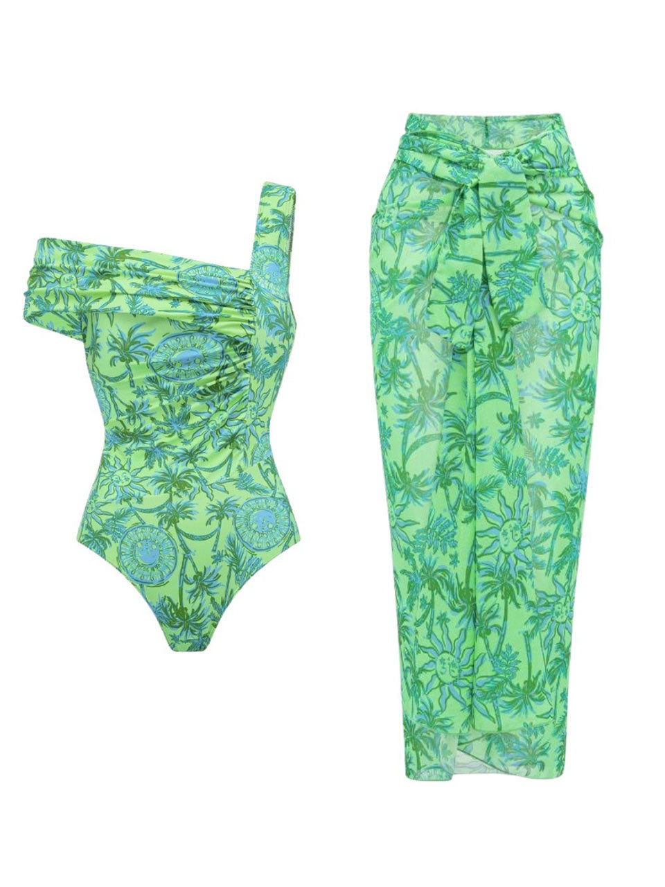 2PS Green One Shoulder Ruched Tropical Swimsuit