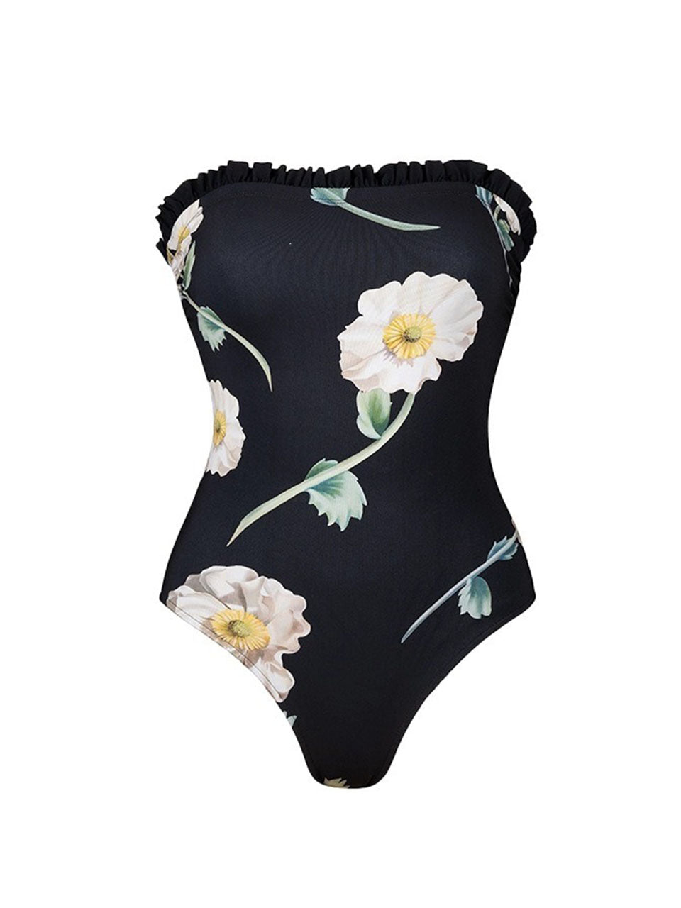 Black Vintage Floral Print Bandeau One-Piece Swimsuit