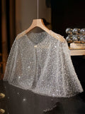 Glitter Sequined Cape Wedding Shawl 1920s Flapper Great Gatsby Costume Silver Mesh Shrug Evening Dress Wrap Women
