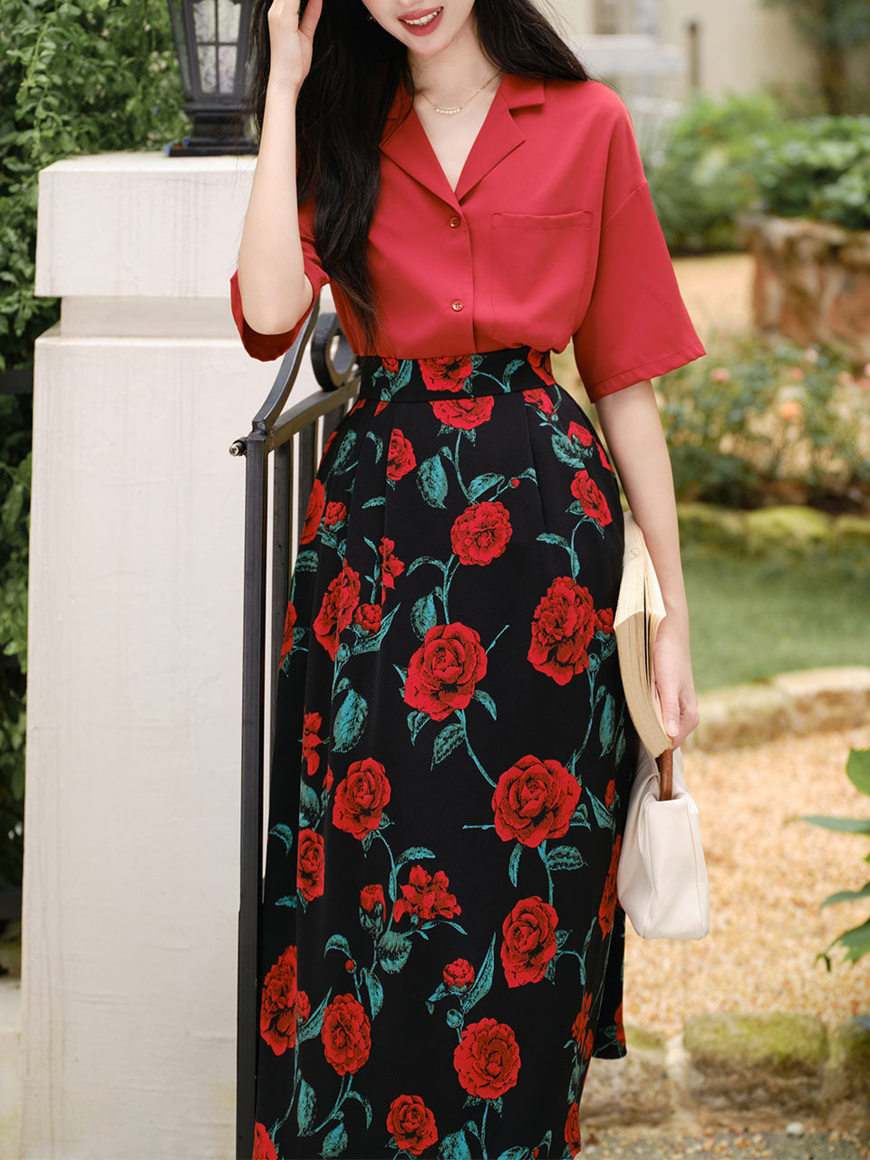2PS Red Casual Shirt and High Waist Rose Print Skirt Outfit