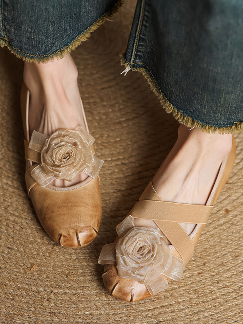 Purple Handmade Floral Washed Leather Cross Elastic Mary Jane Flat Heel Shoes