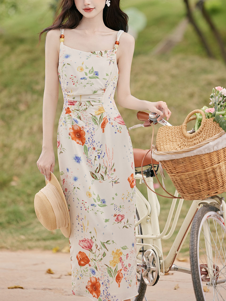 2PS White Floral Print Spaghetti Strap Dress
