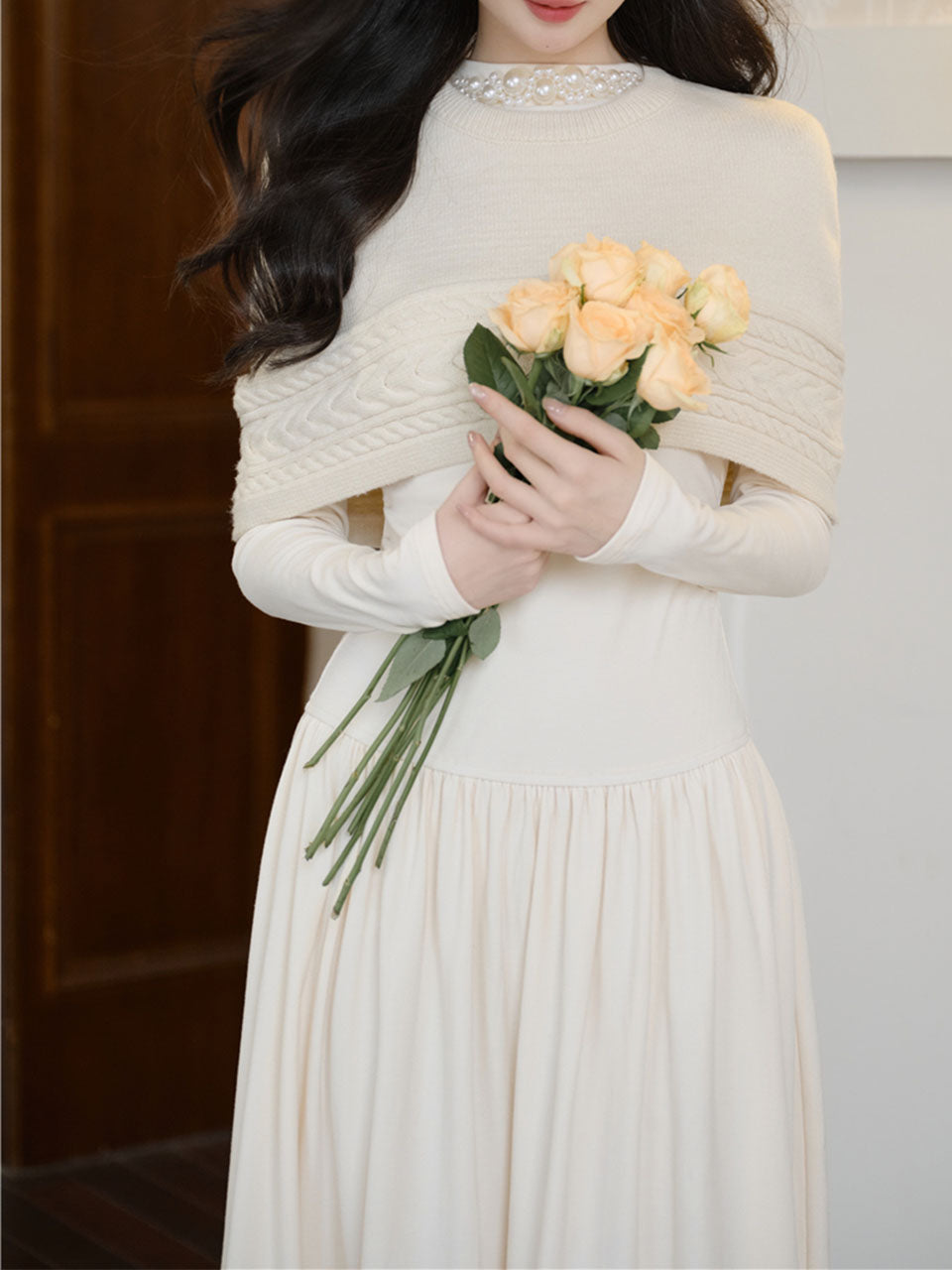 White Two-Piece Set Pearl Beaded Long Sleeve Dress
