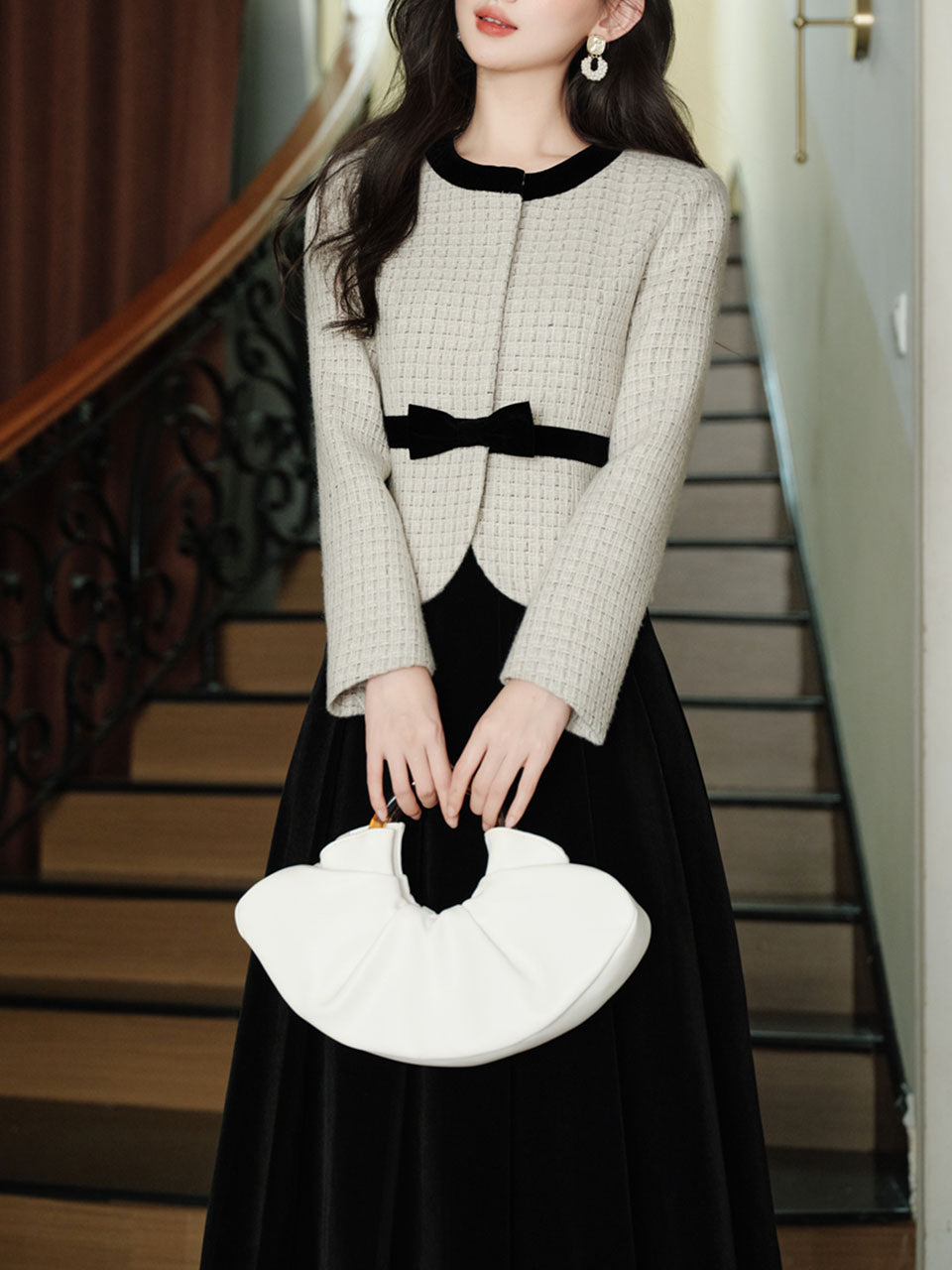 White Crew Neck Tweed Coat and Black Skirt Vintage Set