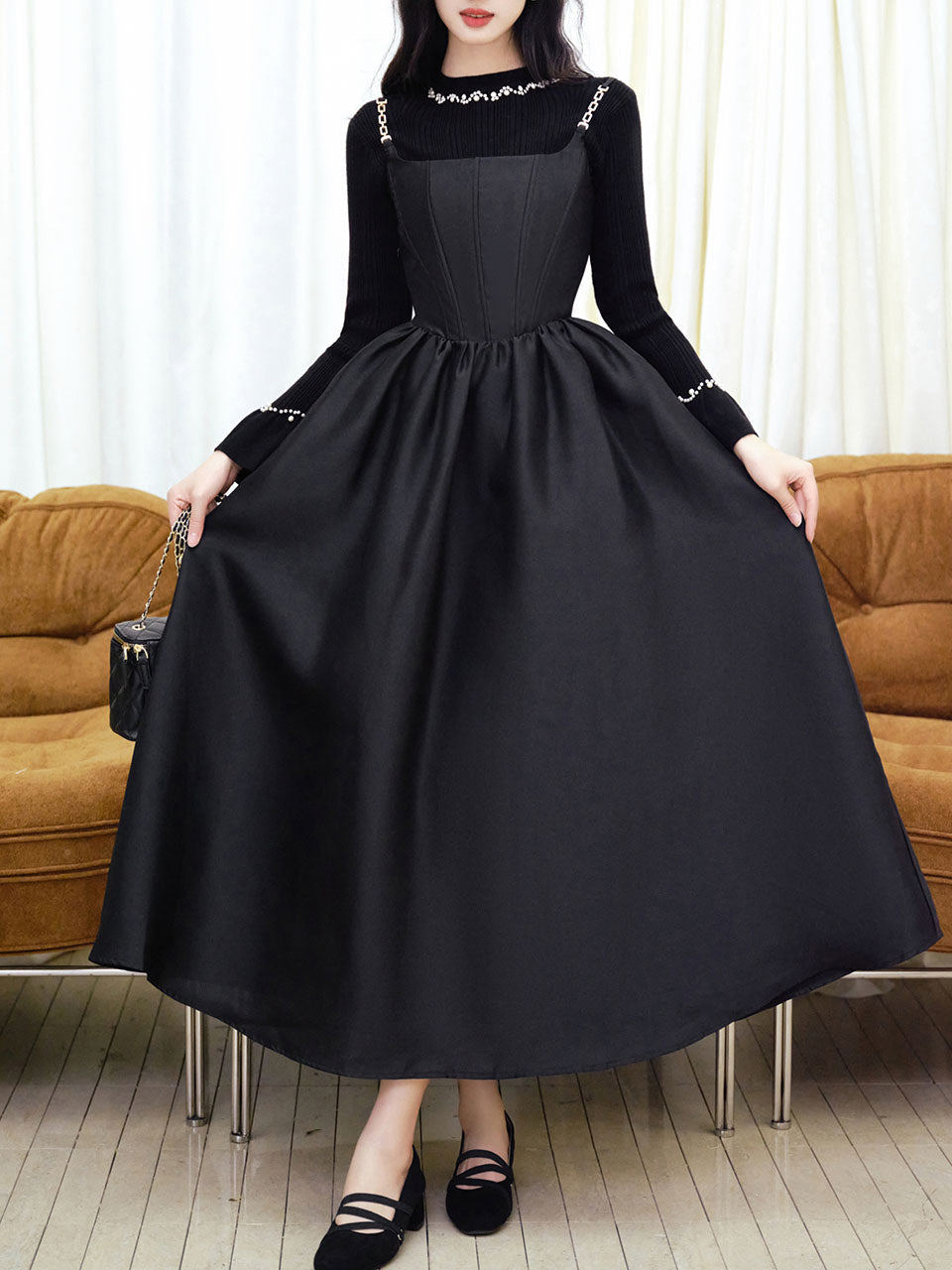 2 Piece Black Retro Suspender Dress