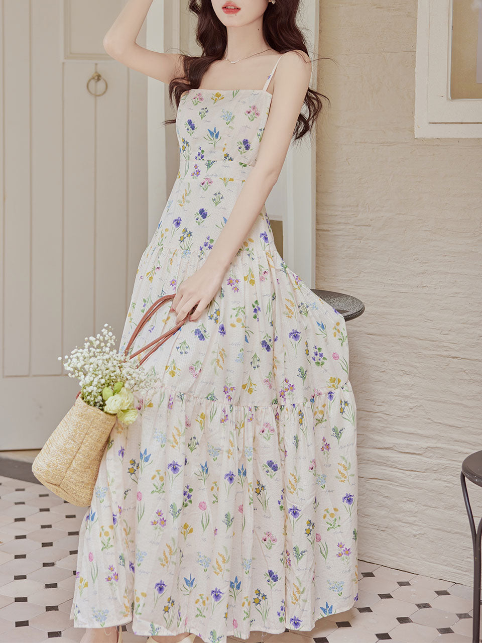 2PS White Floral Print Spaghetti Strap Dress