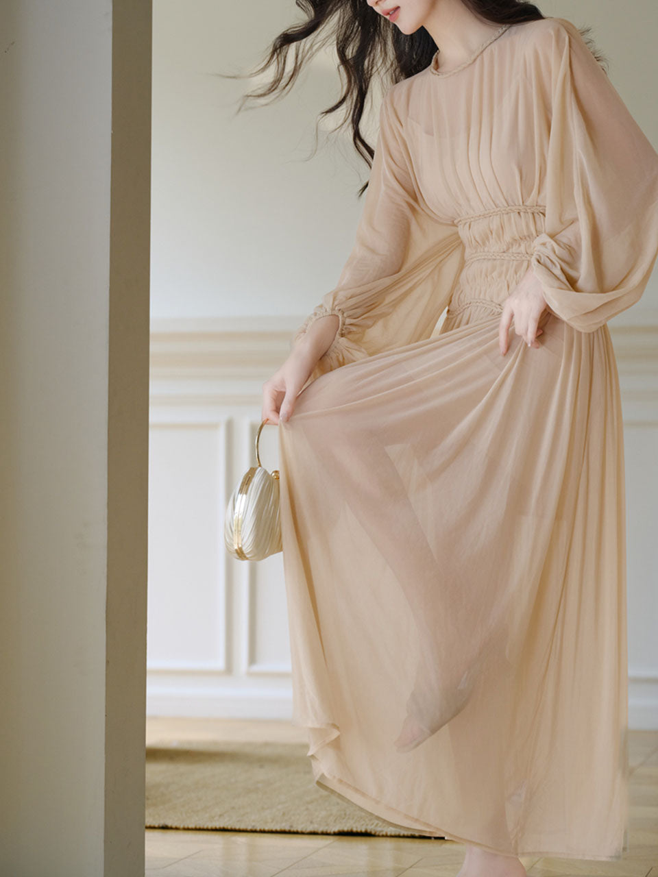 Nude Puff Long Sleeve Pleated Vintage Maxi Dress