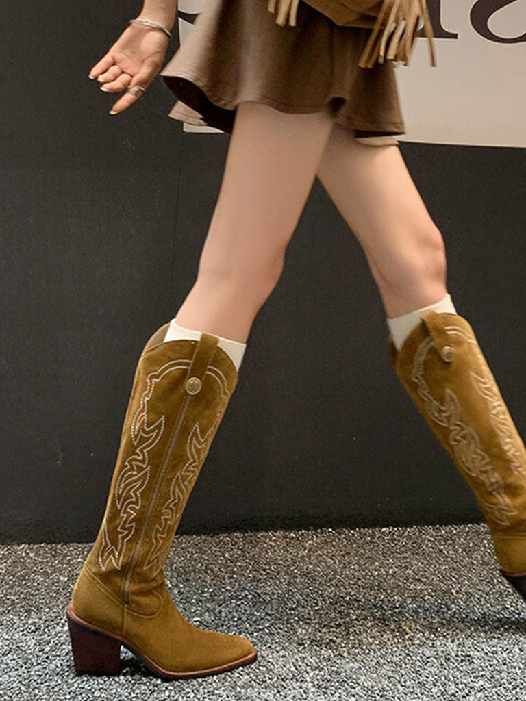 Boots Pointed Toe Chunky Heel Bohemian Embroidery Suede Knee High Boots