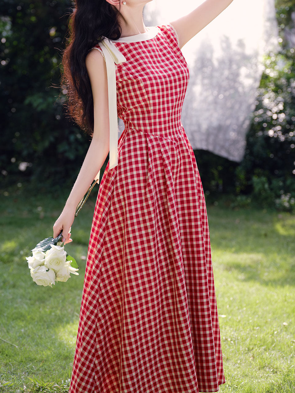 Red Plaid Print Sleeveless 1950S Vintage Dress