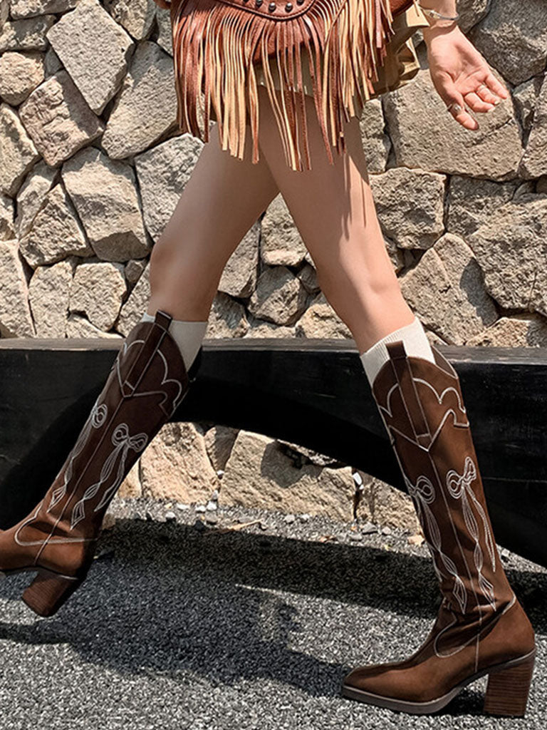 Boots Pointed Toe Chunky Heel Bohemian Embroidery Knee High Boots