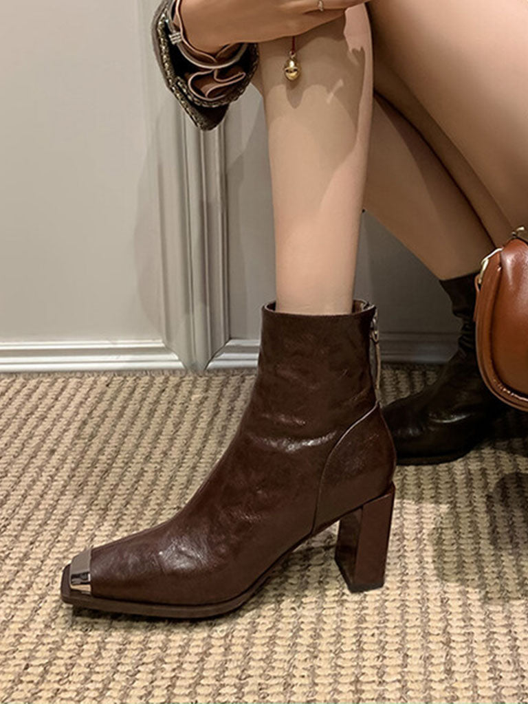 Ankle Boots Black Zip Back Square Toe Chunky Heel Ankle Boots