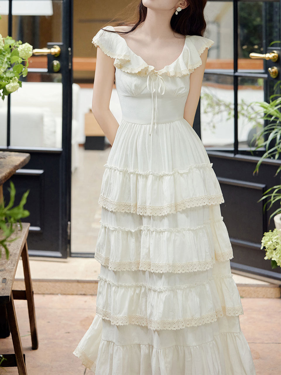 White Ruffles V Neck Layered Lace Maxi Vintage Dress