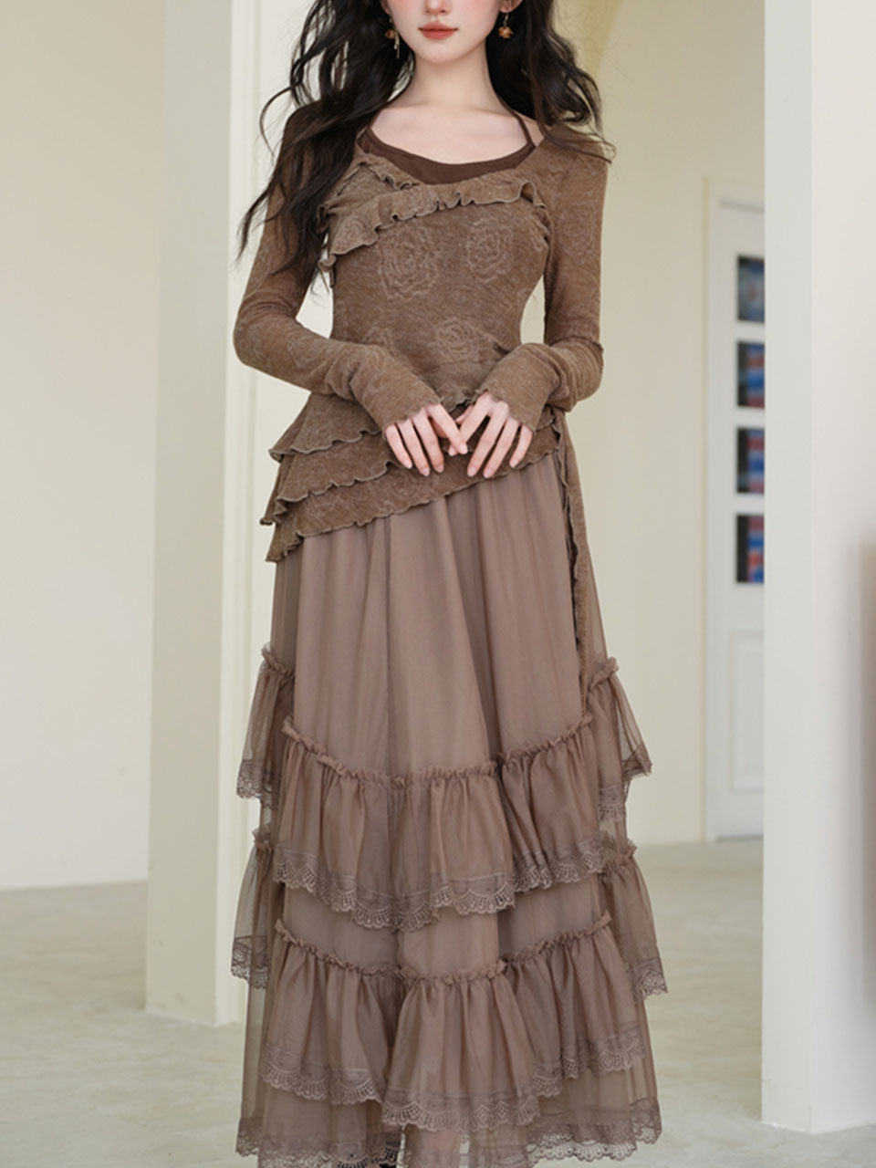 1950S Vintage Brown Rose Top and Swing Skirt Set