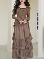 1950S Vintage Brown Rose Top and Swing Skirt Set