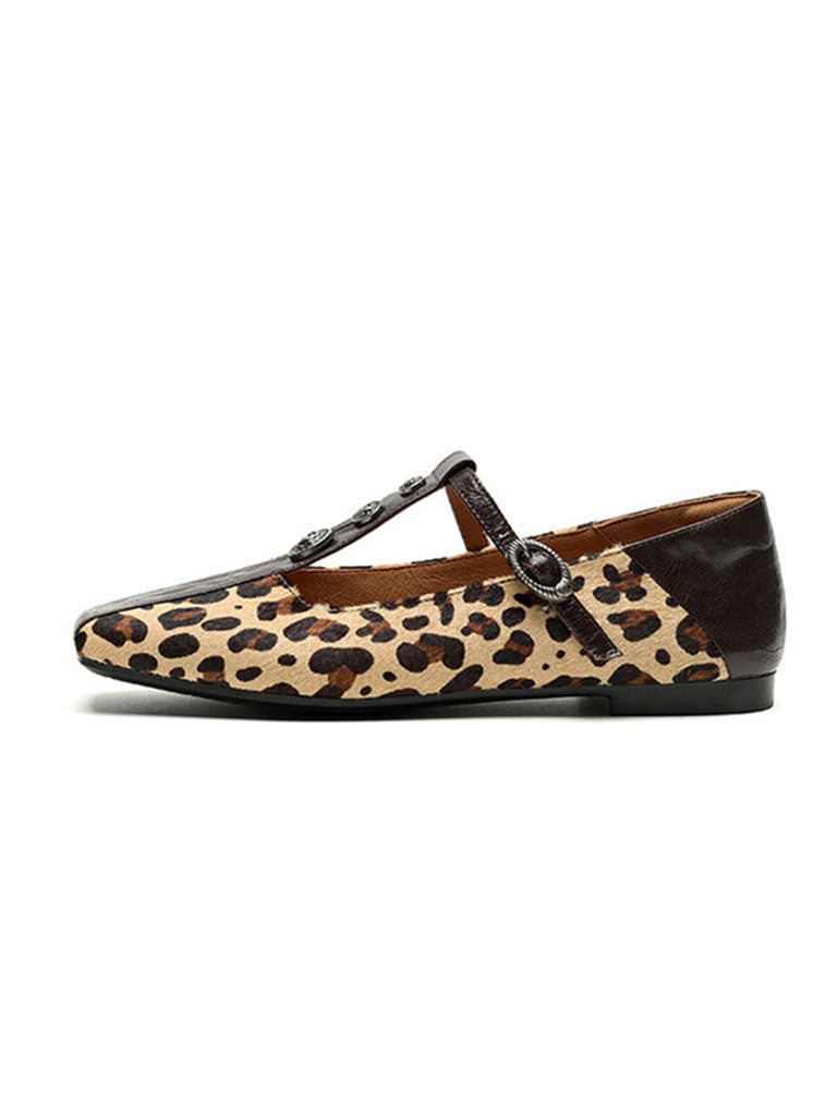 Flat Heel Leopard Square Toe T-strap Vintage Shoes